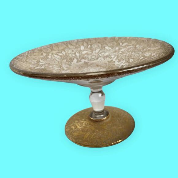 Vintage Ornate Gold Filigree Footed Dish with Crystal Stem on Gold Filigree Base - Picture 3 of 11